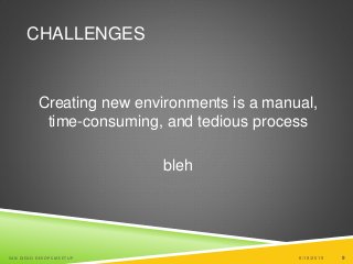 9
CHALLENGES
Creating new environments is a manual,
time-consuming, and tedious process
bleh
6/19/2015SAN DIEGO DEVOPS MEETUP 9
 