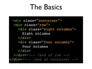 Gutters (margins)
   • Margins are used to
           create gutters between
           columns
   • These margins provide
           gutters between page
           regions



Example based on 960.gs (12 columns)
 