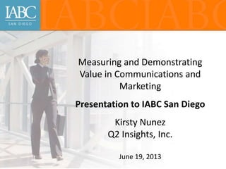 Measuring and Demonstrating
Value in Communications and
Marketing
Presentation to IABC San Diego
Kirsty Nunez
Q2 Insights, Inc.
June 19, 2013
 