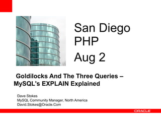 San Diego
                               PHP
                               Aug 2
Goldilocks And The Three Queries –
MySQL's EXPLAIN Explained
 Dave Stokes
 MySQL Community Manager, North America
 David.Stokes@Oracle.Com
 