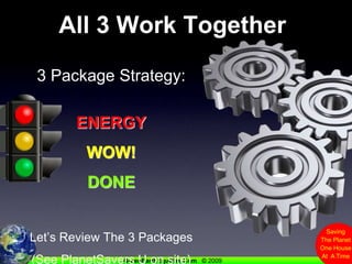 All 3 Work Together3 Package Strategy:ENERGYWOW!DONELet’s Review The 3 Packages(See PlanetSavers U on site)