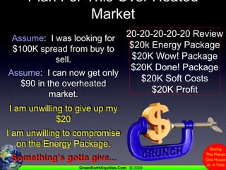 Plan For This Over Heated Market20-20-20-20-20 Review$20k Energy Package$20K Wow! Package$20K Done! Package$20K Soft Costs$20K ProfitAssume:  I was looking for $100K spread from buy to sell.Assume:  I can now get only $90 in the overheated market.I am unwilling to give up my $20I am unwilling to compromise on the Energy Package.Something’s gotta give...At least three things can be squeezed.