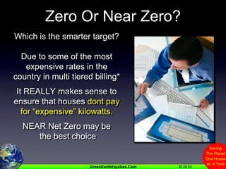 Zero Or Near Zero?Which is the smarter target?Due to some of the most expensive rates in the country in multi tiered billing*It REALLY makes sense to ensure that houses dont pay for “expensive” kilowatts.NEAR Net Zero may be the best choice