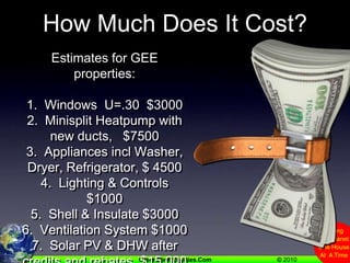How Much Does It Cost? Estimates for GEE properties:1.  Windows  U=.30  $30002.  Minisplit Heatpump with new ducts,   $75003.  Appliances incl Washer, Dryer, Refrigerator, $ 45004.  Lighting & Controls $10005.  Shell & Insulate $30006.  Ventilation System $10007.  Solar PV & DHW after credits and rebates  $15,0008.  Etc.   $2000
