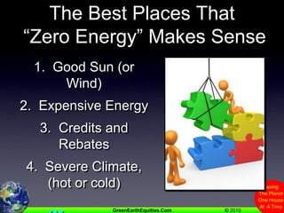 The Best Places That “Zero Energy” Makes Sense1.  Good Sun (or Wind)2.  Expensive Energy3.  Credits and Rebates4.  Severe Climate, (hot or cold)(Move your projects inland)