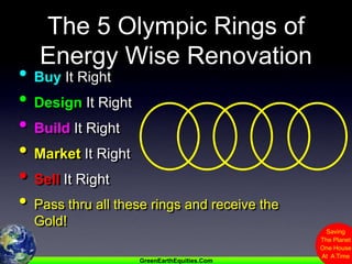 The 5 Olympic Rings of Energy Wise RenovationBuy It RightDesign It RightBuild It RightMarket It RightSell It RightPass thru all these rings and receive the Gold!