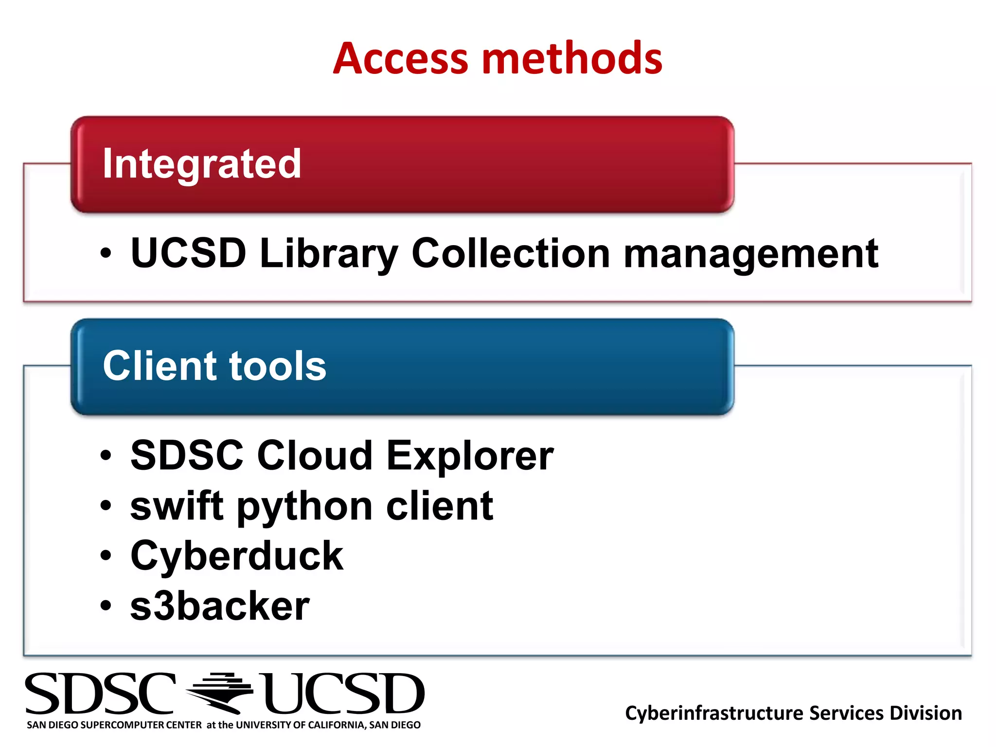 Access methods

             Integrated

             • UCSD Library Collection management

             Client tools

             •     SDSC Cloud Explorer
             •     swift python client
             •     Cyberduck
             •     s3backer

SAN DIEGO SUPERCOMPUTER CENTER at the UNIVERSITY OF CALIFORNIA, SAN DIEGO
                                                                            Cyberinfrastructure Services Division
 
