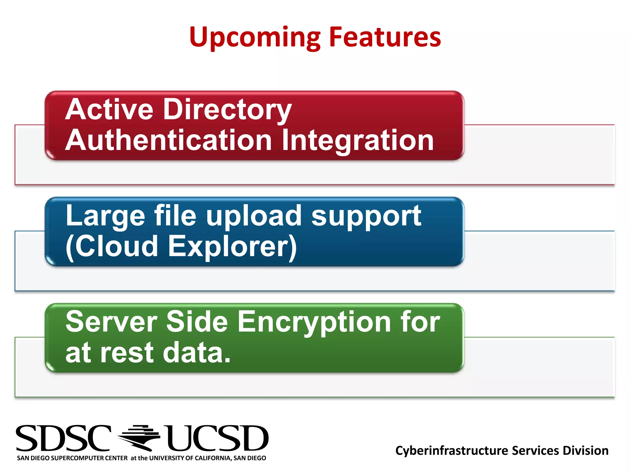 Upcoming Features

              Active Directory
              Authentication Integration

              Large file upload support
              (Cloud Explorer)

              Server Side Encryption for
              at rest data.


SAN DIEGO SUPERCOMPUTER CENTER at the UNIVERSITY OF CALIFORNIA, SAN DIEGO
                                                                            Cyberinfrastructure Services Division
 
