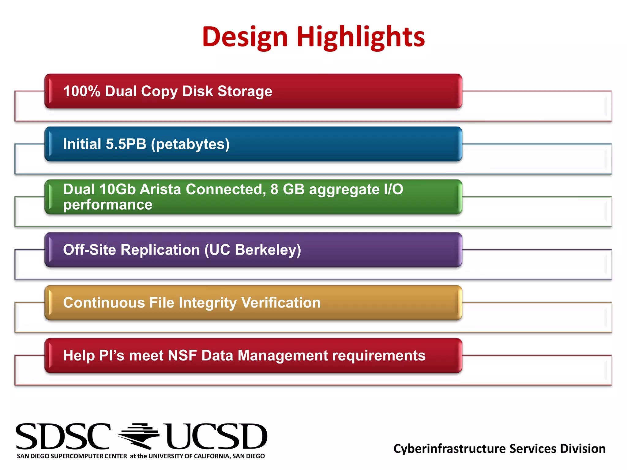 Design Highlights
             100% Dual Copy Disk Storage


             Initial 5.5PB (petabytes)


             Dual 10Gb Arista Connected, 8 GB aggregate I/O
             performance


             Off-Site Replication (UC Berkeley)


             Continuous File Integrity Verification


             Help PI’s meet NSF Data Management requirements




SAN DIEGO SUPERCOMPUTER CENTER at the UNIVERSITY OF CALIFORNIA, SAN DIEGO
                                                                            Cyberinfrastructure Services Division
 