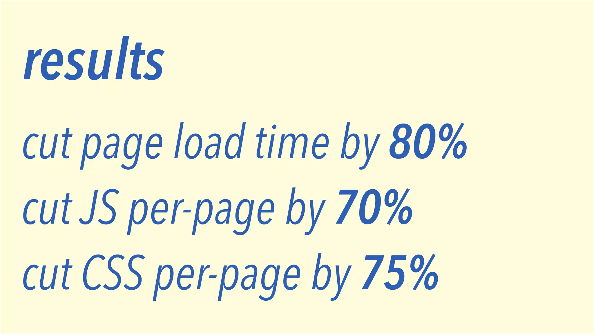 results
cut page load time by 80%
cut JS per-page by 70%
cut CSS per-page by 75%

 
