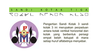 S A N D I K O T A K T I G A
Pengertian Sandi Kotak 3 sandi
kotak 3 ini merupakan perpaduan
antara kotak vertikal horizontal dan
kotak yang berbentuk persegi
empat belah ketupat di mana
setiap huruf alfabetnya menyebar.
 