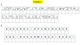 TUGAS 1
1.
B A R A N G S I A P A M E N A B U R
A N G I N A K A N M E N U A I B A D A I
2.
 