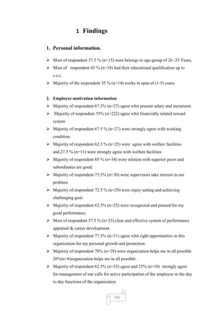 1 Findings

1. Personal information.

 Most of respondent 37.5 % (n=15) were belongs to age-group of 26 -35 Years,
 Most of respondent 45 % (n=18) had their educational qualification up to
   s.s.c,
 Majority of the respondent 35 % (n=14) works in span of (1-5) years.


2. Employee motivation information
 Majority of respondent 67.5% (n=27) agree whit present salary and increment.
 Majority of respondent 55% (n=222) agree whit financially related reward
   system
 Majority of respondent 67.5 % (n=27) were strongly agree with working
   condition.
 Majority of respondent 62.5 % (n=25) were agree with welfare facilities
   and.27.5 % (n=11) were strongly agree with welfare facilities
 Majority of respondent 85 % (n=34) were relation with superior peers and
   subordinates are good.
 Majority of respondent 75.5% (n=30) were supervisors take interest in our
   problem.
 Majority of respondent 72.5 % (n=29) were enjoy setting and achieving
   challenging goal.
 Majority of respondent 62.5% (n=25) were recognized and praised for my
   good performance.
 Most of respondent 57.5 % (n=23) clear and effective system of performance
   appraisal & career development.
 Majority of respondent 77.5% (n=31) agree whit right opportunities in this
   organization for my personal growth and promotion.
 Majority of respondent 70% (n=28) were organization helps me in all possible
   20%(n=8)organization helps me in all possible .
 Majority of respondent 62.5% (n=25) agree and 25% (n=10) strongly agree
   for management of our calls for active participation of the employee in the day
   to day functions of the organization


                                     106
 