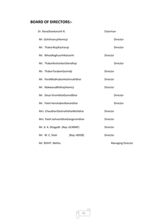BOARD OF DIRECTORS:-

   Dr. RanaShankarsinh R.                    Chairman

    Mr. GohilmanujiHemtuji                          Director

    Mr. ThakorAtajiKacharaji                        Director

    Mr. BiholaRaghusinhKalusinh              Director

    Mr. ThakorKesharbenShendhaji                    Director

    Mr. ThakorTarabenGovindji                Director

    Mr. ParelMadhubenHashmukhbhai            Director

    Mr. MakwanaBhikhajiHamirji               Director

    Mr. Desai VirambhaiGovindbhai                   Director

    Mr. Patel HanshabenRamanbhai                    Director

    Mrs. ChaudhariDashrathbhaiMotibhai       Director

    Mrs. Patel JashvantbhaiGangarambhai      Director

    Mr. A. K. Dhagadh (Rep.-GCMMF)           Director

    Mr. M. C. Shah             (Rep.-NDDB)   Director

    Mr. ROHIT. Mehta                              Managing Director




                                        65
 