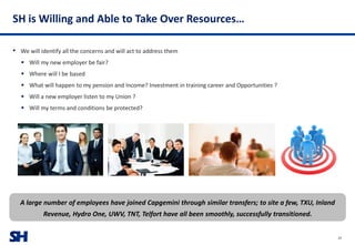 SH
• We will identify all the concerns and will act to address them
▪ Will my new employer be fair?
▪ Where will I be based
▪ What will happen to my pension and Income? Investment in training career and Opportunities ?
▪ Will a new employer listen to my Union ?
▪ Will my terms and conditions be protected?
SH is Willing and Able to Take Over Resources…
A large number of employees have joined Capgemini through similar transfers; to site a few, TXU, Inland
Revenue, Hydro One, UWV, TNT, Telfort have all been smoothly, successfully transitioned.
20
 