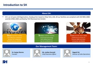 SH
Introduction to SH
Global expertise enables
cost-effective multishore
services for integrated,
flexible business solutions
Services combine creative,
customized technology
with skilled teams of
top-tier professionals
Teams provide value-added
professional services to
Fortune 1000 and other
companies worldwide
Dr. Sanjay Sharma
Founder
Ms. Jacklyn Karceski
Chief Executive Officer
Nagesh Pai
Director of India Operations
About SH:
Our Management Team:
• SH is an 12 years old Organisation, Headquarters based on New York, USA. All our facilities are compliant with ISO 9001:2008
and ISO 27001:2005 certified by TÜV Rheinland Cert GmbH.
32
 