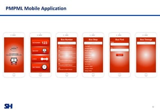 SH
PMPML Mobile Application
42
Pune Mahanagar
Parivahan Mahamandal LTD.
BUS NUMBER
BUS STOP
A TO B
BUS TIMINGS
123
Bus Find
From
To
Search
Pimprigao
Nanekar Park
Pimple saudagar
Mithila Nagari
Sudarshan nagar
Vaidu wasti
Pimple Gurav
KatePuram
Sai Corner
Kawade Nagar
Gholap College
Sangvi Phata
Bus Stop
Search
322
Katepuram to MNP Bhavan
322
Katepuram to MNP Bhavan
322
Katepuram to MNP Bhavan
322
Katepuram to MNP Bhavan
322
Katepuram to MNP Bhavan
322
Katepuram to MNP Bhavan
Bus Number
Search
Bus Timings
Search
 