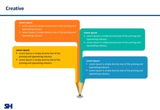 SH
Creative
Lorem Ipsum
▪ Lorem Ipsum is simply dummy text of the printing and
typesetting industry.
▪ Lorem Ipsum is simply dummy text of the printing and
typesetting industry.
Lorem Ipsum
▪ Lorem Ipsum is simply dummy text of the printing and
typesetting industry.
▪ Lorem Ipsum is simply dummy text of the printing and
typesetting industry.
Lorem Ipsum
▪ Lorem Ipsum is simply dummy text of the
printing and typesetting industry.
▪ Lorem Ipsum is simply dummy text of the
printing and typesetting industry.
Lorem Ipsum
▪ Lorem Ipsum is simply dummy text of the printing and
typesetting industry.
▪ Lorem Ipsum is simply dummy text of the printing and
typesetting industry.
 