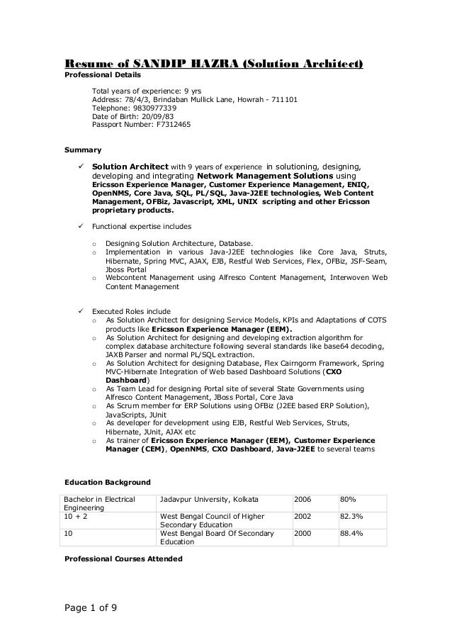 resume of sandip hazra solution architect professional details total years of experience 9