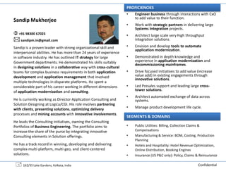 PROFICIENCIES
                                                                    •   Engineer business through interactions with CxO
                                                                        to add value to their function.
Sandip Mukherjee
                                                                    •   Work with strategic partners in delivering large
                                                                        Systems Integration projects.
 +91 98300 67023                                                   •   Architect large scale very high throughput
 sandipm.in@gmail.com                                                  integration solutions.

Sandip is a proven leader with strong organizational skill and      •   Envision and develop tools to automate
                                                                        application modernization.
interpersonal abilities. He has more than 24 years of experience
in software industry. He has outlined IT strategy for large         •   Demonstrated in depth knowledge and
Government departments. He demonstrated his skills suitably             experience in application modernization and
                                                                        decommissioning mainframes.
in designing solutions in a collaborative way with cross-cultural
teams for complex business requirements in both application         •   Drive focused initiatives to add value (increase
development and application management that involved                    value add) in existing engagements through
                                                                        innovative solutions.
multiple technologies in disparate platforms. He spent a
considerable part of his career working in different dimensions     •   Led Presales support and leading large cross-
of application modernization and consulting.                            tower solutions.
                                                                    •   Architect automated exchange of data across
He is currently working as Director Application Consulting and          systems.
Solution Designing at Logica/CGI. His role involves partnering
with clients, presenting solutions, optimizing delivery             •   Manage product development life cycle.
processes and mining accounts with innovative involvements.
                                                                    SEGMENTS & DOMAINS
He leads the Consulting initiatives, owning the Consulting
Portfolios of Business Engineering. The portfolio aims to           •   Public Utilities: Billing, Collection Claims &
increase the share of the purse by integrating innovative               Compensations
Consulting elements in Solution offerings.                          •   Manufacturing & Service: BOM, Costing, Production
                                                                        Planning
He has a track record in winning, developing and delivering         •   Hotels and Hospitality: Hotel Revenue Optimization,
complex multi-platform, multi-geo, and client-centered                  Online Distribution, Booking Engines
solutions.                                                          •   Insurance (US P&C only): Policy, Claims & Reinsurance

  162/35 Lake Gardens, Kolkata, India                                                                          Confidential
 