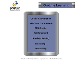 On-Line Learning On-line Accreditation CEU Credits Reinforcement Pre/Post Testing Proctoring Interactivity Five Year Track Record S Sandler Sales Institute (with design) is a registered service mark of Sandler Systems, Inc. 