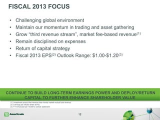 FISCAL 2013 FOCUS
12
• Challenging global environment
• Maintain our momentum in trading and asset gathering
• Grow “third revenue stream”, market fee-based revenue(1)
• Remain disciplined on expenses
• Return of capital strategy
• Fiscal 2013 EPS(2) Outlook Range: $1.00-$1.20(3)
CONTINUE TO BUILD LONG-TERM EARNINGS POWER AND DEPLOY/RETURN
CAPITAL TO FURTHER ENHANCE SHAREHOLDER VALUE
(1) Investment product fee revenue less money market mutual fund revenue.
(2) Earnings per diluted share (EPS).
(3) FY13 forecast per 10/29/12 outlook statement.
 