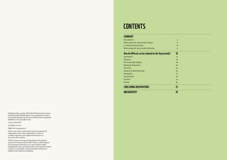 Published inMay 2018 by WWF-World Wide Fund For Nature
(Formerly World Wildlife Fund). Any reproduction in full or
in part must mention the title and credit the above-mentioned
publisher as the copyright owner.
© Text 2018 WWF
All rights reserved
ISBN 978-2-940443-06-2
WWF is one of the world’s largest and most experienced
independent conservation organizations, with over
5 million supporters and a global Network active in
more than 100 countries.
WWF’s mission is to stop the degradation of the planet’s
natural environment and to build a future in which humans
live in harmony with nature, by: conserving the world’s
biological diversity, ensuring that the use of renewable natural
resources is sustainable, and promoting the reduction of
pollution and wasteful consumption.
CONTENTS
SUMMARY		
Introduction	4
What makes the Ayeyarwady Unique?	 6
A connected Ayeyarwady	 8
Risks facing the Ayeyarwady sub basins 	 9
	
How do different sectors depend on the Ayeyarwady? 	 10	
Agriculture	12
Fisheries	16
The Irrawaddy Dolphin	 18
Mining & Extractives	 20
Oil & Gas	 23
Industry & Manufacturing 	 24
Navigation	27
Construction	28
Tourism	31
Energy 	 32
CONCLUDING OBSERVATIONS	 35
BIBLIOGRAPHY	39
 