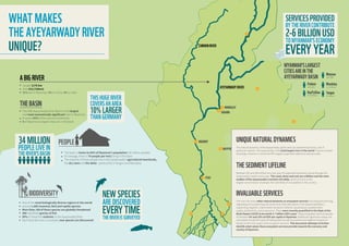 76
THEAYEYARWADYRIVER
WHATMAKES
UNIQUE?
WHAT MAKES
THE AYEYARWADYRIVER
UNIQUE?
Length 2170 km
Area 413,710km2
91% lies in Myanmar, 5% in China, 4% in India
ABIGRIVER
THEBASIN
The ARB (Ayeyarwady River Basin) is the largest
and most economically significant river in Myanmar
It covers 61% of the country’s landmass.
5 of Myanmar’s largest cities are in the basin
Yangon
5 million
Mandalay
1.2 million
NayPyiDaw
0.9 million
Pathein
237,000
Monywa
182,000
PEOPLE
The basin is home to 66% of Myanmar’s population (34 million people)
On average, there is 79 people per km2 living in the basin
The majority of these people live in the Ayeyarwady’s agricultural heartlands,
the dry zone and the delta - particularly in Yangon and Mandalay
BIODIVERSITY
One of the most biologically diverse regions in the world
around 1,400 mammal, bird and reptile species
More than 100 of these species are globally threatened
388 identified species of fish
50% of these fish endemic to the Ayeyarwady River
Each time the river is surveyed, new species are discovered
MAGWAY
MANDALAY
SAGAING
PYAY
BAGO
NAYPYIDAW
UNIQUENATURALDYNAMICS
The natural dynamics of the Ayeyarwady, particularly its sediment dynamics, are of
particular interest. The Ayeyarwady is the 22nd largest river in the worldin terms of water
THESEDIMENTLIFELINE
Between 261 and 354 million tons per year of suspended sediment coarse through the
Ayeyarwady’s waters every year. This sand, stone and rock are a lifeline and the main
enabler of the Ayeyarwady’s nutrient rich delta, which is home to the
largest concentration of people, fish and fields of rice paddies in the country.
INVALUABLESERVICES
The river has many other natural dynamics or ecosystem services including provisioning,
regulating and supporting cultural services that take place in the Ayeyarwady Basin,
supporting irrigation, inland water transport, fisheries, aquaculture, potable water
supply, biodiversity, and ecotourism. These were recently quantified in the State of the
Basin Report (2018) to be worth 2-7 billion USD a year. These ecosystem services equate
to between 6% and 16% of GDP per capita in Myanmar. Additional significant values not
calculated include the value of hydropower as well as positive and negative impacts of
floods on the river system and ecosystem services. This document attempts to further
identify what values these ecosystem services provide towards the economy and
society of Myanmar.
THISHUGERIVER
COVERSANAREA
10% LARGER
THANGERMANY
34MILLION
PEOPLELIVEIN
THERIVER’SBASIN
MYANMAR’SLARGEST
CITIESAREINTHE
AYEYARWADYBASIN
NEW SPECIES
AREDISCOVERED
EVERYTIME
THERIVERISSURVEYED
SERVICESPROVIDED
BYTHERIVERCONTRIBUTE
2-6BILLIONUSD
TOMYANMAR’SECONOMY
EVERYYEARCHINWINRIVER
AYEYARWADYRIVER
 