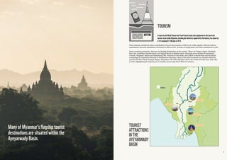 3130
ManyofMyanmar’sflagshiptourist
destinationsaresituatedwithinthe
AyeyarwadyBasin.
TOURISM
TOURIST
ATTRACTIONS
IN THE
AYEYARWADY
BASIN
AreportbytheWorldTourismandTravelCouncilclaimsthatemploymentinthetraveland
tourismsectorwithinMyanmar,includingjobsindirectlysupportedbytheindustry,hasgrownby
6.5%reaching877,500jobsin2014.
Their estimates include the direct contribution of travel and tourism to GDP at 3%, while together with the indirect
contribution; the total contribution of tourism to GDP is 6.6%. In terms of employment, the total contribution is 5.8%.
From a tourism perspective, there are six flagship destinations in the country. These are Yangon, Bagan, Mandalay,
Inle Lake, Kyaikhtiyo (Golden Rock) and Ngapali Beach in Rakhine State. Emerging areas include the mountains
of Putao, Nagaland, Hakha and Natmataung (Mt. Victoria) in Chin State, and Loikaw in Kayah State and the Myeik
Archipelago in Tanintharyi Division in Southeastern Myanmar. Many of the above locations are situated within the
Ayeyarwady River Basin (Yangon, Bagan, Mandalay). The following figure shows the tourist arrival to four main sites
in 2016, highlighting the importance of a healthy Ayeyarwady River Basin for tourism.
m^ p p ml o q
YANGON
INLELAKE
BAGAN
MANDALAY
RiverBasin
385031(30%)
178787(14%)
283877(22%)
428370(34%)
 