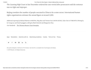 1/15/2019 From Tibet to the 'Nine Dragons', Vietnam's Mekong Delta is losing sand
https://www.reuters.com/article/us-vietnam-mekong/from-tibet-to-the-nine-dragons-vietnams-mekong-delta-is-losing-sand-idUSKCN1P8018 14/14
Apps Newsletters Advertise with Us Advertising Guidelines Cookies Terms of Use Privacy
All quotes delayed a minimum of 15 minutes. See here for a complete list of exchanges and delays.
© 2019 Reuters. All Rights Reserved.
The Liaoning High Court in late December ordered the case retried after prosecutors said the sentence
was too light and improper.
Beijing considers the number of people executed in China to be a state secret. International human
rights organizations estimate the annual ﬁgure at around 2,000.
Additional reporting by Michael Martina in BEIJING, Meg Shen and Twinnie Siu in HONG KONG, Tyler Choi in TORONTO; Writing by
Se Young Lee and David Ljunggren; editing by Mark Heinrich and Marguerita Choy
Our Standards: The Thomson Reuters Trust Principles.
 