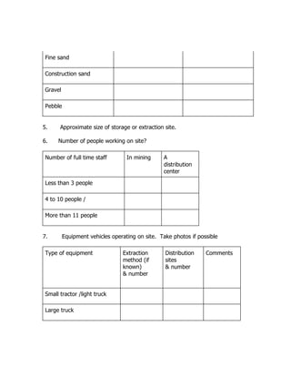 Fine sand
Construction sand
Gravel
Pebble
5. Approximate size of storage or extraction site.
6. Number of people working on site?
Number of full time staff In mining A
distribution
center
Less than 3 people
4 to 10 people /
More than 11 people
7. Equipment vehicles operating on site. Take photos if possible
Type of equipment Extraction
method (if
known)
& number
Distribution
sites
& number
Comments
Small tractor /light truck
Large truck
 