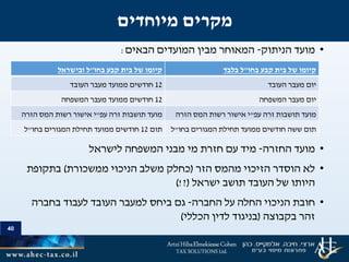 40
•‫הניתוק‬ ‫מועד‬-‫הבאים‬ ‫המועדים‬ ‫מבין‬ ‫המאוחר‬:
•‫החזרה‬ ‫מועד‬-‫לישראל‬ ‫המשפחה‬ ‫מבני‬ ‫מי‬ ‫חזרת‬ ‫עם‬ ‫מיד‬
•‫הזר‬ ‫מהמס‬ ‫הזיכוי‬ ‫הוסדר‬ ‫לא‬(‫ממשכורת‬ ‫הניכוי‬ ‫משלב‬ ‫כחלק‬)‫בתקופת‬
‫ישראל‬ ‫תושב‬ ‫העובד‬ ‫של‬ ‫היותו‬(?)!
•‫החברה‬ ‫על‬ ‫החלה‬ ‫הניכוי‬ ‫חובת‬-‫בחברה‬ ‫לעבוד‬ ‫העובד‬ ‫למעבר‬ ‫ביחס‬ ‫גם‬
‫בקבוצה‬ ‫זהר‬(‫הכללי‬ ‫לדין‬ ‫בניגוד‬)
‫מיוחדים‬ ‫מקרים‬
‫בחו‬ ‫קבע‬ ‫בית‬ ‫של‬ ‫קיומו‬"‫בלבד‬ ‫ל‬‫בחו‬ ‫קבע‬ ‫בית‬ ‫של‬ ‫קיומו‬"‫ובישראל‬ ‫ל‬
‫העובד‬ ‫מעבר‬ ‫יום‬12‫העובד‬ ‫מעבר‬ ‫ממועד‬ ‫חודשים‬
‫המשפחה‬ ‫מעבר‬ ‫יום‬12‫המשפחה‬ ‫מעבר‬ ‫ממועד‬ ‫חודשים‬
‫עפ‬ ‫זרה‬ ‫תושבות‬ ‫מועד‬"‫הזרה‬ ‫המס‬ ‫רשות‬ ‫אישור‬ ‫י‬‫עפ‬ ‫זרה‬ ‫תושבות‬ ‫מועד‬"‫הזרה‬ ‫המס‬ ‫רשות‬ ‫אישור‬ ‫י‬
‫בחו‬ ‫המגורים‬ ‫תחילת‬ ‫ממועד‬ ‫חודשים‬ ‫ששה‬ ‫תום‬"‫ל‬‫תום‬12‫בחו‬ ‫המגורים‬ ‫תחילת‬ ‫ממועד‬ ‫חודשים‬"‫ל‬
 