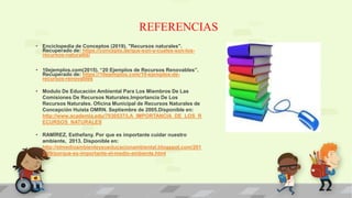 REFERENCIAS
• Enciclopedia de Conceptos (2019). "Recursos naturales".
Recuperado de: https://concepto.de/que-son-y-cuales-son-los-
recursos-naturales/
• 10ejemplos.com(2015). “20 Ejemplos de Recursos Renovables”.
Recuperado de: https://10ejemplos.com/10-ejemplos-de-
recursos-renovables
• Modulo De Educación Ambiental Para Los Miembros De Las
Comisiones De Recursos Naturales.Importancia De Los
Recursos Naturales. Oficina Municipal de Recursos Naturales de
Concepción Huista OMRN. Septiembre de 2005.Disponible en:
http://www.academia.edu/7030537/LA_IMPORTANCIA_DE_LOS_R
ECURSOS_NATURALES
• RAMÍREZ, Esthefany. Por que es importante cuidar nuestro
ambiente, 2013. Disponible en:
http://elmedioambienteysueducacionambiental.blogspot.com/201
3/09/porque-es-importante-el-medio-ambiente.html
 