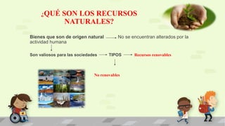 ¿QUÉ SON LOS RECURSOS
NATURALES?
Bienes que son de origen natural No se encuentran alterados por la
actividad humana
Son valiosos para las sociedades TIPOS Recursos renovables
No renovables
 