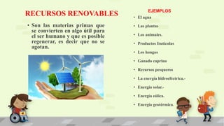 RECURSOS RENOVABLES
• Son las materias primas que
se convierten en algo útil para
el ser humano y que es posible
regenerar, es decir que no se
agotan.
• El agua
• Las plantas
• Los animales.
• Productos frutícolas
• Los hongos
• Ganado caprino
• Recursos pesqueros
• La energía hidroeléctrica.-
• Energía solar.-
• Energía eólica.
• Energía geotérmica.
EJEMPLOS
 