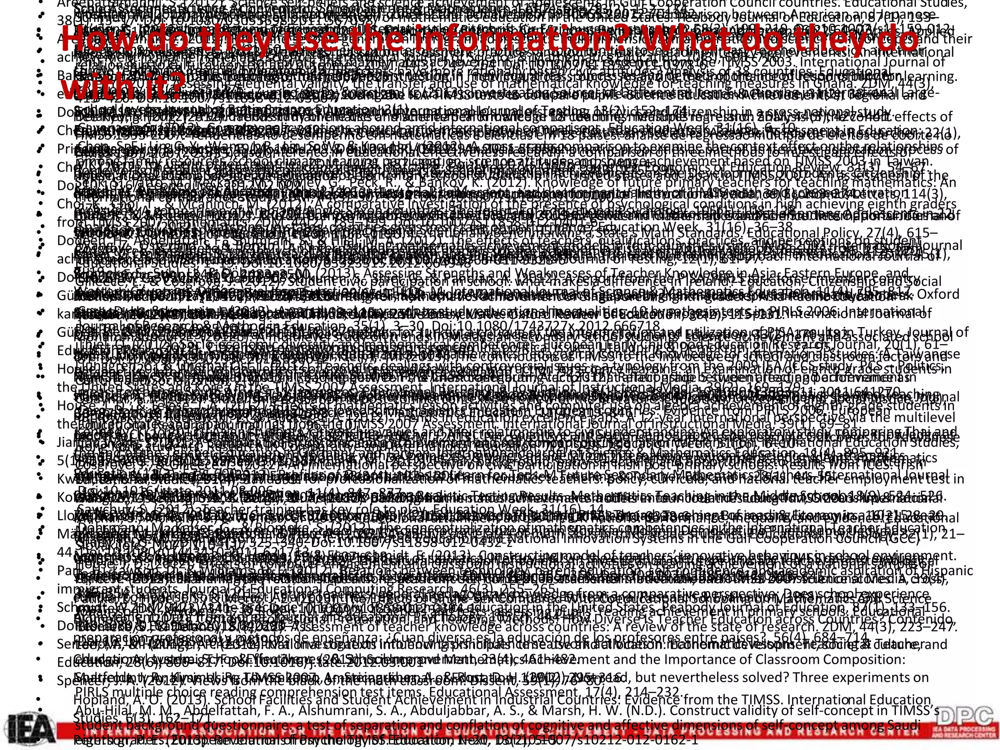 • Areepattamannil, S. (2012). Science self-beliefs and science achievement of adolescents in Gulf Cooperation Council countries. Educational Studies,
38(1), 13–17. Doi:10.1080/03055698.2011.567058
• Areepattamannil, S. (2012). First- and second-generation immigrant adolescents’ multidimensional mathematics and science self-concepts and their
achievement in mathematics and science. International Journal of Science & Mathematics Education, 10(3), 695–716.
• Bakker, S. (2012). Introduction of external, independent testing in “new countries”: Successes and defeats of the introduction of modern
educational assessment techniques in former soviet and socialist countries. Educational Measurement: Issues & Practice, 31(2), 38–44.
Doi:10.1111/j.1745-3992.2012.00234.x
• Chen, Y.-H. (2012). Cognitive diagnosis of mathematics performance between rural and urban students in Taiwan. Assessment in Education:
Principles, Policy & Practice, 19(2), 193–209. Doi:10.1080/0969594x.2011.560562
• Cho, I. (2012). The effect of teacher–student gender matching: Evidence from OECD countries. Economics of Education Review, 31(3), 54–67.
Doi:10.1016/j.econedurev.2012.02.002
• Choi, K., Choi, T., & Mcaninch, M. (2012). A comparative investigation of the presence of psychological conditions in high achieving eighth graders
from TIMSS 2007 mathematics. ZDM, 44(2), 189–199. Doi:10.1007/S11858-012-0401-6
• Dodeen, H., Abdelfattah, F., Shumrani, S., & Hilal, M. A. (2012). The effects of teachers’ qualifications, practices, and perceptions on student
achievement in TIMSS mathematics: a comparison of two countries. International Journal of Testing, 12(1), 61–77.
Doi:10.1080/15305058.2011.621568
• Gültekin, S., & Demirtaşli, N. Ç. (2012). Çoktan seçmeli, açik uçlu ve karma testlerden sağlanan bilginin madde tepki kuramina dayali olarak
karşilaştirilmasi. (in Turkish). Ilkogretim Online, 11(1), 251–263.
• Gür, B. S., Çelik, Z., & Özoğlu, M. (2012). Policy options for turkey: a critique of the interpretation and utilization of PISA results in Turkey. Journal of
Education Policy, 27(1), 1–21. Doi:10.1080/02680939.2011.595509
• House, J. D. (2012). Motivational effects of computers and classroom instruction for science learning: an examination of eighth-grade students in
the United States and Korea in the TIMSS 2007 Assessment. International Journal of Instructional Media, 39(2), 169–179.
• House, J. D., & Telese, J. A. (2012). Effects of mathematics lesson activities and computer use on algebra achievement of eighth-grade students in
the United States and japan: findings from the TIMSS 2007 Assessment. International Journal of Instructional Media, 39(1), 69–81.
• Jianjun Wang. (2012). A comparative study of science achievement and self-concept during a historical transition. International Education Studies,
5(1), 137–146. Doi:10.5539/ies.v5n1p137
• Kwon, O., & Ju, M.-K. (2012). Standards for professionalization of mathematics teachers: policy, curricula, and national teacher employment test in
Korea. ZDM, 44(2), 211–222. Doi:10.1007/s11858-012-0384-3
• Lloyd, D., & Pratt, A. (2012). The new OFSTED framework - Implications for teaching and learning. Teaching Business & Economics, 16(2), 28–29.
• Männamaa, M., Kikas, E., Peets, K., & Palu, A. (2012). Cognitive correlates of math skills in third-grade students. Educational Psychology, 32(1), 21–
44. Doi:10.1080/01443410.2011.621713
• Park, H., Lawson, D., & Williams, H. E. (2012). Relations between technology, parent education, self-confidence, and academic aspiration of Hispanic
immigrant students. Journal of Educational Computing Research, 46(3), 255–265.
• Schmidt, W. H. (2012). At the precipice: The story of mathematics education in the United States. Peabody Journal of Education, 87(1), 133–156.
Doi:10.1080/0161956x.2012.642280
• Serrano, A. M. (2012). A cross-cultural investigation into how tasks influence seatwork activities in mathematics lessons. Teaching & Teacher
Education, 28(6), 806–817. Doi:10.1016/j.tate.2012.03.001
• Spencer, J. A. (2012). Views from the black of the math classroom. Dissent, 59(1), 76–80.
American Behavioral Scientist, 56(7), 941–960. Doi:10.1177/0002764211408861
• Yoshino, A. (2012). The relationship between self-concept and achievement in TIMSS 2007: a comparison between American and Japanese
students. International Review of Education / Internationale Zeitschrift für Erziehungswissenschaft, 58(2), 199–219. Doi:10.1007/s11159-012-
9283-7
• Zhu, Y., & Leung, F. (2012). Homework and mathematics achievement in Hong Kong: evidence from the TIMSS 2003. International Journal of
Science & Mathematics Education, 10(4), 907–925.
• Bagata, B., Geske, A., & Kiselova, R. (2012). Using the IEA TIMSS tests to compare pupils´ Science Education Achievements at regional and
school levels. Journal of Baltic Science Education, 3(1).
• Cavanagh, S. (2012). Complex policy options abound amid international comparisons. Education Week, 31(16), 6–10.
• Chen, S. F., Lin, C. Y., Wang, J. R., Lin, S. W., & Kao, H. L. (2012). A cross-grade comparison to examine the context effect on the relationships
among family resources, school climate, learning participation, science attitude, and science achievement based on TIMSS 2003 in Taiwan.
International Journal of Science Education, 1-18.
• Falch, T., & Fischer, J. A. V. (2012). Public sector decentralization and school performance: International evidence. Economics Letters, 114(3),
276–279.
• Sparks, S. D. (2012). Matching up states, countries gives fresh take on performance. Education Week, 31(16), 36–38.
• Wang, Z., Osterlind, S., & Bergin, D. (N.D.). Building mathematics achievement models in four countries using TIMSS 2003. International Journal
of Science and Mathematics Education, 1–28. Doi:10.1007/s10763-011-9328-6
• Brozo, W. G., Valtin, R., Garbe, C., Sulkunen, S., Shiel, G., & Pandian, A. (2012). A report from the PISA/PIRLS task force: member country
highlights from PISA 2009. Reading Today, 29(6), 11–13.
• Caro, D. H., & Lenkeit, J. (2012). An analytical approach to study educational inequalities: 10 hypothesis tests in PIRLS 2006. International
Journal of Research & Method in Education, 35(1), 3–30. Doi:10.1080/1743727x.2012.666718
• Thiel, O. (2012). Socio-economic diversity and mathematical competences. European Early Childhood Education Research Journal, 20(1), 61–
81. Doi:10.1080/1350293x.2012.650012
• Van Staden, S., & Howie, S. (2012). Reading between the lines: contributing factors that affect grade 5 student reading performance as
measured across South Africa’s 11 languages. Educational Research & Evaluation, 18(1), 85–98. Doi:10.1080/13803611.2011.641270
• Caro, D. H., & Mirazchiyski, P. (2012). Socioeconomic gradients in eastern European countries: Evidence from PIRLS 2006. European
Educational Research Journal, 11(1), 96–110.
• Cavanagh, S. (2012). Complex policy options abound amid international comparisons. Education Week, 31(16), 6–10
• Blömeke, S., Suhl, U., Kaiser, G., & Döhrmann, M. (2012). Family background, entry selectivity and opportunities to learn: what matters in
primary teacher education? An international comparison of fifteen countries. Teaching & Teacher Education, 28(1), 44–55.
Doi:10.1016/j.tate.2011.08.006
• Sawchuk, S. (2012). Teacher training has key role to play. Education Week, 31(16), 14.
• Döhrmann, M., Kaiser, G., & Blömeke, S. (2012). The conceptualization of mathematics competencies in the International Teacher Education
Study TEDS-M. ZDM, 44(3), 325–340. Doi:10.1007/s11858-012-0432-z
• Felbrich, A., Kaiser, G., & Schmotz, C. (2012). The cultural dimension of beliefs: An investigation of future primary teachers’ epistemological
beliefs concerning the nature of mathematics in 15 countries. ZDM, 44(3), 355–366. Doi: 10.1007/s11858-012-0418-x
• König, J., & Blömeke, S. (2012). Future teachers’ general pedagogical knowledge from a comparative perspective: Does school experience
matter? ZDM, 44(3), 341–354. Doi: 10.1007/s11858-012-0394-1
• Blömeke, S., & Delaney, S. (2012). Assessment of teacher knowledge across countries: A review of the state of research. ZDM, 44(3), 223–247.
Doi:10.1007/s11858-012-0429-7
• Schmidt, W. H. (2012). At the precipice: the story of mathematics education in the United States. Peabody Journal of Education, 87(1), 133–
156. Doi:10.1080/0161956x.2012.642280
• Blömeke, S., & Kaiser, G. (2012). Homogeneity or Heterogeneity? Profiles of opportunities to learn in primary teacher education and their
relationship to cultural context and outcomes. ZDM, 44(3), 249–264. Doi:10.1007/s11858-011-0378-6
• Cole, Y. (2012). Assessing elemental validity: the transfer and use of mathematical knowledge for teaching measures in Ghana. ZDM, 44(3),
415–426. Doi:10.1007/s11858-012-0380-7
• Delaney, S. (2012). A validation study of the use of mathematical knowledge for teaching measures in Ireland. ZDM, 44(3), 427–441.
Doi:10.1007/s11858-012-0382-5
• Fauskanger, J., Jakobsen, A., Mosvold, R., & Bjuland, R. (2012). Analysis of psychometric properties as part of an iterative adaptation process of
MKT items for use in other countries. ZDM, 44(3), 387–399. Doi:10.1007/s11858-012-0403-4
• Senk, S., Tatto, M., Reckase, M., Rowley, G., Peck, R., & Bankov, K. (2012). Knowledge of future primary teachers for teaching mathematics: An
international comparative study. ZDM, 44(3), 307–324. Doi: 10.1007/s11858-012-0400-7
• Barber, C., & Torney-Purta, J. (2012). Comparing attitudes in the 1999 and 2009 IEA Civic and Citizenship Education Studies: Opportunities and
limitations illustrated in five countries. Journal of Social Science Education, 11(1), 47–63.
• Cosgrove, J., & Gilleece, L. (2012). An international perspective on civic participation in irish post-primary schools: Results from ICCS. Irish
Educational Studies, 1–19. Doi:10.1080/03323315.2012.664948
• Gilleece, L., & Cosgrove, J. (2012). Student civic participation in school: what makes a difference in Ireland? Education, Citizenship and Social
Justice. Doi:10.1177/1746197912448715
• Ince, B. (2012). Citizenship education in turkey: inclusive or exclusive. Oxford Review of Education, 38(2), 115–131.
Doi:10.1080/03054985.2011.651314
• Liljestrand, J. (2012). Citizenship education in discussions concerning political issues. Utbildning & Demokrati, 21(1), 77–95.
• Ljunggren, C., & Unemar Öst, I. (2012). Teachers’ dealings with controversial issues – a typology from the 2009 IEA/ICCS study. PCS – Politics,
Culture and Socialization, 2(3).
• Quaynor, L. J. (2012). Citizenship education in post-conflict contexts: a review of the literature. Education, Citizenship and Social Justice, 7(1),
33–57. Doi:10.1177/1746197911432593
• Kennedy, K. J. (2012). Asian students’ citizenship values and their relationship to civic understanding: An exploratory study comparing Thai and
Hong Kong students. Research in Comparative and International Education, 7(2), 248–259.
• Cosgrove, J., & Gilleece, L. (2012). An international perspective on civic participation in Irish post-primary schools: Results from ICCS. Irish
Educational Studies, 31(4), 377–395.
• Gilleece, L., & Cosgrove, J. (2012). Student civic participation in school: What makes a difference in Ireland? Education, Citizenship & Social
Justice, 7(3), 225–239.
• Macháček, L. (2012). Education of the school youth to democratic citizenship in Slovakia. Mokinių Demokratinio Pilietiškumo Ugdymas
Slovakijoje., (107), 110–117.
• House, J. D. (2012). Effects of computer engagement and classroom instructional activities on reading achievement of a national sample of
Chinese- American elementary- school students: results from the TIMSS 2006 assessment. International Journal of Instructional Media, 39(4),
345–354.
• Johansson, S., Myrberg, E., & Rosén, M. (2012). Teachers and tests: assessing pupils’ reading achievement in primary schools. Educational
Research & Evaluation, 18(8), 693–711.
• Lee, M., & Hallinger, P. (2012). National contexts influencing principals’ time use and allocation: Economic development, societal culture, and
educational system. School Effectiveness & School Improvement, 23(4), 461–482.
• Sparfeldt, J. R., Kimmel, R., Löwenkamp, L., Steingräber, A., & Rost, D. H. (2012). Not read, but nevertheless solved? Three experiments on
PIRLS multiple choice reading comprehension test items. Educational Assessment, 17(4), 214–232.
• Abu-Hilal, M. M., Abdelfattah, F. A., Alshumrani, S. A., Abduljabbar, A. S., & Marsh, H. W. (N.D.). Construct validity of self-concept in TIMSS’s
student background questionnaire: a test of separation and conflation of cognitive and affective dimensions of self-concept among Saudi
eighth graders. European Journal of Psychology of Education, 1–20. Doi:10.1007/s10212-012-0162-1
among family resources, school climate, learning participation, science attitude, and science achievement based on TIMSS 2003in Taiwan.
International Journal of Science Education, 34(14), 2089–2106. Doi:10.1080/09500693.2012.701352
• Glynn, S. M. (2012). International Assessment: A RASCH model and teachers’ evaluation of TIMSS science achievement items. Journal of
Research in Science Teaching, 49(10), 1321–1344.
• Hansson, Å. (2012). The meaning of mathematics instruction in multilingual classrooms: Analyzing the importance of responsibility for learning.
Educational Studies in Mathematics, 81(1), 103–125.
• Hee Kyung Hong. (2012). Trends in mathematics and science performance in 18 countries: Multiple regression analysis of the cohort effects of
TIMSS 1995-2007. Tendências no desempenho em matemáticas e ciências em 18 países: análise de regressão múltipla de efeitos de coorte no
TIMSS 1995-2007., 20(33), 1–20.
• House, J. D. (2012b). Science achievement of elementary-school students in the United States and Japan in TIMSS 2007: An assessment of the
effects of technology engagement and classroom lesson activities. International Journal of Instructional Media, 39(3), 263–274.
• Louis, R., & Mistele, J. (2012). The differences in scores and self-efficacy by student gender in mathematics and science. International Journal of
Science & Mathematics Education, 10(5), 1163–1190.
• Mesic, V. (2012). Identifying country-specific cultures of physics education: A differential item functioning approach. International Journal of
Science Education, 34(16), 2483–2500.
• Mohammadpour, E. (2012a). Factors accounting for mathematics achievement of Singaporean eighth-graders. Asia-Pacific Education
Researcher, 21(3), 507–518.
• Mohammadpour, E. (2012b). A multilevel study on trends in Malaysian secondary school students’ science achievement and associated school
and student predictors. Science Education, 96(6), 1013–1046.
• Ng, K. T., Lay, Y. F., Areepattamannil, S., Treagust, D. F., & Chandrasegaran, A. L. (2012). Relationship between affect and achievement in
science and mathematics in Malaysia and Singapore. Research in Science & Technological Education, 30(3), 225–237.
• Rutkowski, D., Rutkowski, L., & Plucker, J. A. (2012). Trends in education excellence gaps: A 12-year international perspective via the multilevel
model for change. High Ability Studies, 23(2), 143–166.
• Vandecandelaere, M., Speybroeck, S., Vanlaar, G., De Fraine, B., & Van Damme, J. (2012). Learning environment and students’ mathematics
attitude. Studies in Educational Evaluation, 38(3/4), 107–120.
• Wang, Z., Osterlind, S. J., & Bergin, D. A. (2012). Building mathematics achievement models in four countries using TIMSS 2003. International
Journal of Science and Mathematics Education, 10(5), 1215–1242. Doi:10.1007/s10763-011-9328-6
• Wiseman, A. W., & Anderson, E. (2012). ICT-Integrated Education and National Innovation Systems in the Gulf Cooperation Council (GCC)
countries. Computers & Education, 59(2), 607–618.
• Yu, C. H. (2012). Examining the relationships among academic self-concept, instrumental motivation, and TIMSS 2007 science scores: A cross-
cultural comparison of five East Asian countries/regions and the United States. Educational Research & Evaluation, 18(8), 713–731.
• Blómeke, S. (2012). Content, Professional Preparation, and Teaching Methods: How Diverse Is Teacher Education across Countries? Contenido,
preparación profesional y métodos de enseñanza: ¿Cuan diversa es la educación de los profesores entre países?, 56(4), 684–714.
• Chudgar, A., Luschei, T. F., & Yisu Zhou. (2013). Science and Mathematics Achievement and the Importance of Classroom Composition:
Multicounty Analysis Using TIMSS 2007. American Journal of Education, 119(2), 295–316.
• Hopland, A. O. (2013). School Facilities and Student Achievement in Industrial Countries: Evidence from the TIMSS. International Education
Studies, 6(3), 162–171.
• Peterson, P. E. (2013). Revelations from the TIMSS. Education Next, 13(2), 5–5.
School Students’ Science Achievement. School Science & Mathematics, 113(2), 69–79.
• Turgut, G. (2013). International Tests and the U.S. Educational Reforms: Can Success Be Replicated? Clearing House, 86(2), 64–73.
• Hao, S., & Johnson, R. L. (2013). Teachers’ classroom assessment practices and fourth-graders’ reading literacy achievements: An international
study. Teaching & Teacher Education, 29, 53–63.
• Sandilands, D., Oliveri, M. E., Zumbo, B. D., & Ercikan, K. (2013). Investigating Sources of Differential Item Functioning in International Large-
Scale Assessments Using a Confirmatory Approach. International Journal of Testing, 13(2), 152–174.
• Cho,Y., & Kim, T. (2013). Asian Civic Values: A Cross-Cultural Comparison of Three East Asian Societies. Asia-Pacific Education Researcher, 22(1),
21–31.
• Geske, A., & Cekse, I. (2013). The Influence of Civic and Citizenship Education Achievements on the Development of Students’ Citizenship
Attitudes. Problems of Education in the 21st Century, 52, 21–34.
• Hooghe, M., & Dassonneville, R. (2013). Voters and Candidates of the Future: The Intention of Electoral Participation among Adolescents in 22
European Countries. Young, 21(1), 1–28.
• Kaiser, G., & Blömeke, S. (2013). Learning from the Eastern and the Western debate: The case of mathematics teacher education. ZDM, 45(1),
7–19.
• Andrews, P. (2013). What Does PISA Performance Tell Us about Mathematics Teaching Quality? Case studies from Finland and Flanders. Oxford
Studies in Comparative Education, 23(1), 99–115.
• Daniel, E. G. S. (2013). Asia Pacific science education in a knowledge society. Asia Pacific Journal of Education, 33(2), 170–182.
• Drent, M., Meelissen, M. R. M., & Van Der Kleij, F. M. (2013). The contribution of TIMSS to the link between school and classroom factors and
student achievement. Journal of Curriculum Studies, 45(2), 198–224.
• Hansson, Å., & Gustafsson, J.-E. (2013). Measurement Invariance of Socioeconomic Status across Migrational Background. Scandinavian Journal
of Educational Research, 57(2), 148–166.
• Jen, T.-H., Lee, C.-D., Chien, C.-L., Hsu, Y.-S., & Chen, K.-M. (2013). Perceived Social Relationships and Science Learning Outcomes for Taiwanese
Eighth Graders: Structural Equation Modeling with a Complex Sampling Consideration. International Journal of Science & Mathematics
Education, 11(3), 575–600.
• Larson, M. R., & Leinwand, S. (2013). Prepare for More Realistic Testing Results. Mathematics Teaching in the Middle School, 18(9), 524–526.
• Machin, S., McNally, S., & Wyness, G. (2013). Educational attainment across the UK nations: performance, inequality and evidence. Educational
Research, 55(2), 139–164.
• Mills, J. D., & Holloway, C. E. (2013). The development of statistical literacy skills in the eighth grade: exploring the TIMSS data to evaluate
student achievement and teacher characteristics in the United States. Educational Research & Evaluation, 19(4), 323–345.
• Pahlke, E., Hyde, J. S., & Mertz, J. E. (2013). The Effects of Single-Sex Compared With Coeducational Schooling on Mathematics and Science
Achievement: Data from Korea. Journal of Educational Psychology, 105(2), 444–452.
Scale Assessments Using a Confirmatory Approach. International Journal of Testing, 13(2), 152–174.
• Barber, C., Fennelly, K., & Torney-Purta, J. (2013). Nationalism and Support for Immigrants’ Rights Among Adolescents in 25 Countries. Applied
Developmental Science, 17(2), 60–75.
• Lauglo, J.013). Do more knowledgeable adolescents have more rationally based civic attitudes? Analysis of 38 countries. Educational
Psychology, 33(3), 255–275.
• Schulz, W., Fraillon, J., & Ainley, J. (2013). Measuring young people’s understanding of civics and citizenship in a cross-national study.
Educational Psychology, 33(3), 327–349.
• Gustafsson, J.-E. (2013). Causal inference in educational effectiveness research: a comparison of three methods to investigate effects of
homework on student achievement. School Effectiveness & School Improvement, 24(3), 275–295.
• Marsh, H. W. &Amp;Rft Au=Abduljabbar. (2013). Factorial, convergent, and discriminant validity of TIMSS math and science motivation
measures: A comparison of Arab and Anglo-Saxon countries. The Journal of Educational Psychology, 105(1), 108–128
• Woolard, J. C. (2013). Prelude to the Common Core: Internationally Benchmarking a State’s Math Standards. Educational Policy, 27(4), 615–
644.A three-level multilevel analysis of Singaporean eighth-graders science achievement. Learning & Individual Differences, 26, 212–220.
• Blömeke, S., Suhl, U., & Döhrmann, M. (2013). Assessing Strengths and Weaknesses of Teacher Knowledge in Asia, Eastern Europe, and
Western Countries: Differential Item Functioning in TEDS-M. International Journal of Science & Mathematics Education, 11(4), 795–817.
• Cañadas, M., Gómez, P., & Rico, L. (2013). Structure of Primary Mathematics Teacher Education Programs in Spain. International Journal of
Science & Mathematics Education, 11(4), 879–894.
• Hsieh, F.-J. (2013). Strengthening the Conceptualization of Mathematics Pedagogical Content Knowledge for International Studies: A Taiwanese
Perspective. International Journal of Science & Mathematics Education, 11(4), 923–947.
• Hsieh, F.-J., Wong, K., & Wang, T.-Y. (2013). Are Taiwanese and Singaporean Future Teachers Similar in Their Mathematics-Related Teaching
Competencies? International Journal of Science & Mathematics Education, 11(4), 819–846.
• Laschke, C. (2013). Effects of Future Mathematics Teachers’ Affective, Cognitive and Socio-Demographic Characteristics on Their Knowledge at
the End of the Teacher Education in Germany and Taiwan. International Journal of Science & Mathematics Education, 11(4), 895–921.
• Wang, T.-Y., & Tang, S.-J. (2013). Profiles of Opportunities to Learn for Teds-M Future Secondary Mathematics Teachers. International Journal
of Science & Mathematics Education, 11(4), 847–877.
• Zuckerman, G. A., Kovaleva, G. S., & Kuznetsova, M. I. (2013). Between PIRLS and PISA: The advancement of reading literacy in a 10–15-year-
old cohort. Learning & Individual Differences, 26, 64–73.
• Nemeržitski, S., Loogma, K., Heinla, E., & Eisenschmidt, E. (2013). Constructing model of teachers’ innovative behaviour in school environment.
Teachers & Teaching, 19(4), 398–418.
How do they use the information? What do they do
with it?
 