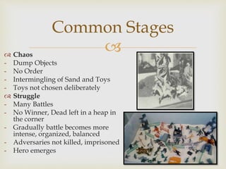 
Common Stages
 Chaos
- Dump Objects
- No Order
- Intermingling of Sand and Toys
- Toys not chosen deliberately
 Struggle
- Many Battles
- No Winner, Dead left in a heap in
the corner
- Gradually battle becomes more
intense, organized, balanced
- Adversaries not killed, imprisoned
- Hero emerges
 