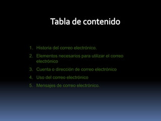 Tabla de contenidoHistoria del correo electrónico.Elementos necesarios para utilizar el correo electrónicoCuenta o dirección de correo electrónicoUso del correo electrónicoMensajes de correo electrónico.
