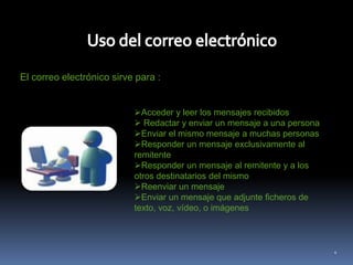 Uso del correo electrónicoEl correo electrónico sirve para : Acceder y leer los mensajes recibidos