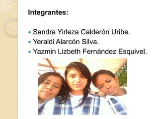 Integrantes:

 Sandra Yirleza Calderón Uribe.
 Yeraldi Alarcón Silva.
 Yazmin Lizbeth Fernández Esquivel.
 