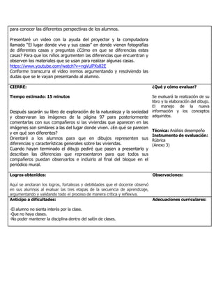 para conocer las diferentes perspectivas de los alumnos.
Presentaré un video con la ayuda del proyector y la computadora
llamado “El lugar donde vivo y sus casas” en donde vienen fotografías
de diferentes casas y preguntas ¿Cómo en que se diferencias estas
casas? Para que los niños argumenten las diferencias que encuentran y
observen los materiales que se usan para realizar algunas casas.
https://www.youtube.com/watch?v=ngVulPXs82E
Conforme transcurra el video iremos argumentando y resolviendo las
dudas que se le vayan presentando al alumno.
CIERRE:
Tiempo estimado: 15 minutos
Después sacarán su libro de exploración de la naturaleza y la sociedad
y observaran las imágenes de la página 97 para posteriormente
comentarlas con sus compañeros si las viviendas que aparecen en las
imágenes son similares a las del lugar donde viven. ¿En qué se parecen
y en qué son diferentes?
Orientaré a los alumnos para que en dibujos representen sus
diferencias y características generales sobre las viviendas.
Cuando hayan terminado el dibujo pediré que pasen a presentarlo y
describan las diferencias que representaron para que todos sus
compañeros puedan observarlos e incluirlo al final del bloque en el
periódico mural.
¿Qué y cómo evaluar?
Se evaluará la realización de su
libro y la elaboración del dibujo.
El manejo de la nueva
información y los conceptos
adquiridos.
Técnica: Análisis desempeño
Instrumento de evaluación:
Rúbrica
(Anexo 3)
Logros obtenidos:
Aquí se anotaran los logros, fortalezas y debilidades que el docente observó
en sus alumnos al evaluar las tres etapas de la secuencia de aprendizaje,
argumentando y validando todo el proceso de manera crítica y reflexiva.
Observaciones:
Anticipo a dificultades:
-El alumno no sienta interés por la clase.
-Que no haya clases.
-No poder mantener la disciplina dentro del salón de clases.
Adecuaciones curriculares:
 