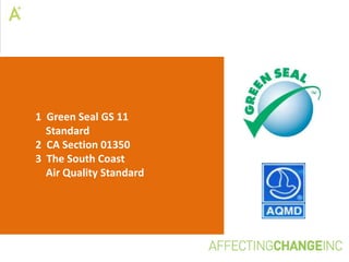 1 Green Seal GS 11
  Standard
2 CA Section 01350
3 The South Coast
  Air Quality Standard
 