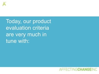 Today, our product
evaluation criteria
are very much in
tune with:
 