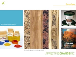 GreenSpec




Agricultural waste material




                              Unusual rapidly renewable products
 