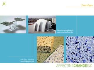 GreenSpec




                       Reduce material use or
                       use material efficiently




Natural or minimally
processed products
 