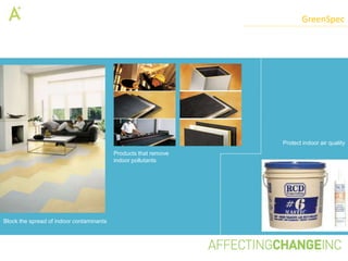 GreenSpec




                                                                 Protect indoor air quality
                                          Products that remove
                                          indoor pollutants




Block the spread of indoor contaminants
 