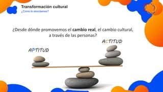 Transformación cultural
¿Cómo lo abordamos?
¿Desde dónde promovemos el cambio real, el cambio cultural,
a través de las personas?
APTITUD
ACTITUD
 