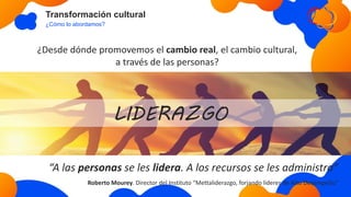 Transformación cultural
¿Cómo lo abordamos?
¿Desde dónde promovemos el cambio real, el cambio cultural,
a través de las personas?
LIDERAZGO
“A las personas se les lidera. A los recursos se les administra”
Roberto Mourey. Director del Instituto “Mettaliderazgo, forjando líderes de Alto Desempeño”
 