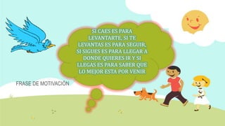 SI CAES ES PARA
                           LEVANTARTE, SI TE
                      LEVANTAS ES PARA SEGUIR,
                      SI SIGUES ES PARA LLEGAR A
                         DONDE QUIERES IR Y SI
                      LLEGAS ES PARA SABER QUE
                       LO MEJOR ESTA POR VENIR

FRASE DE MOTIVACIÓN
 