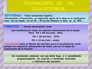:Tienen metabolismo hepático.
Atorvastatina y Pravastatina, no requerirían ajuste de la dosis en la insuficiencia
renal. Con las demás, con un FG < 30 mL/min disminuir la dosis en un 50%.

                      Tienen eliminación renal
       Con insuficiencia renal, se requiere disminución de la dosis:
                      Para FG < 60 mL/min, 50%
                             FG < 30 ml/min,      25%
                             FG < 15 mL/min , evitar
 Gemfibrozil sería el fibrato de elección para la insuficiencia renal,
porque no requeriría adecuación de dosis, aún en la etapa de
susticución de la función


       Se recomienda comenzar con una dosis baja, e ir ascendiendo
           progresivamente, de acuerdo a resultados obtenidos
                        y tolerancia del paciente
 